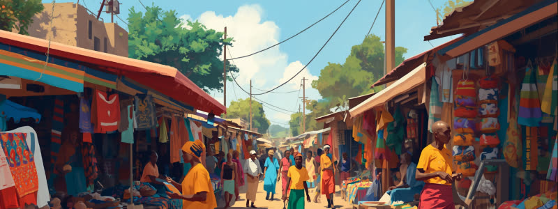A colourful African market street, awnings and stalls, people trading